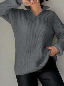 EURMUSE Plus Size Women's Solid Color Zipper Placket Long Sleeve Casual Loose Sweater - Dark Grey - View 4