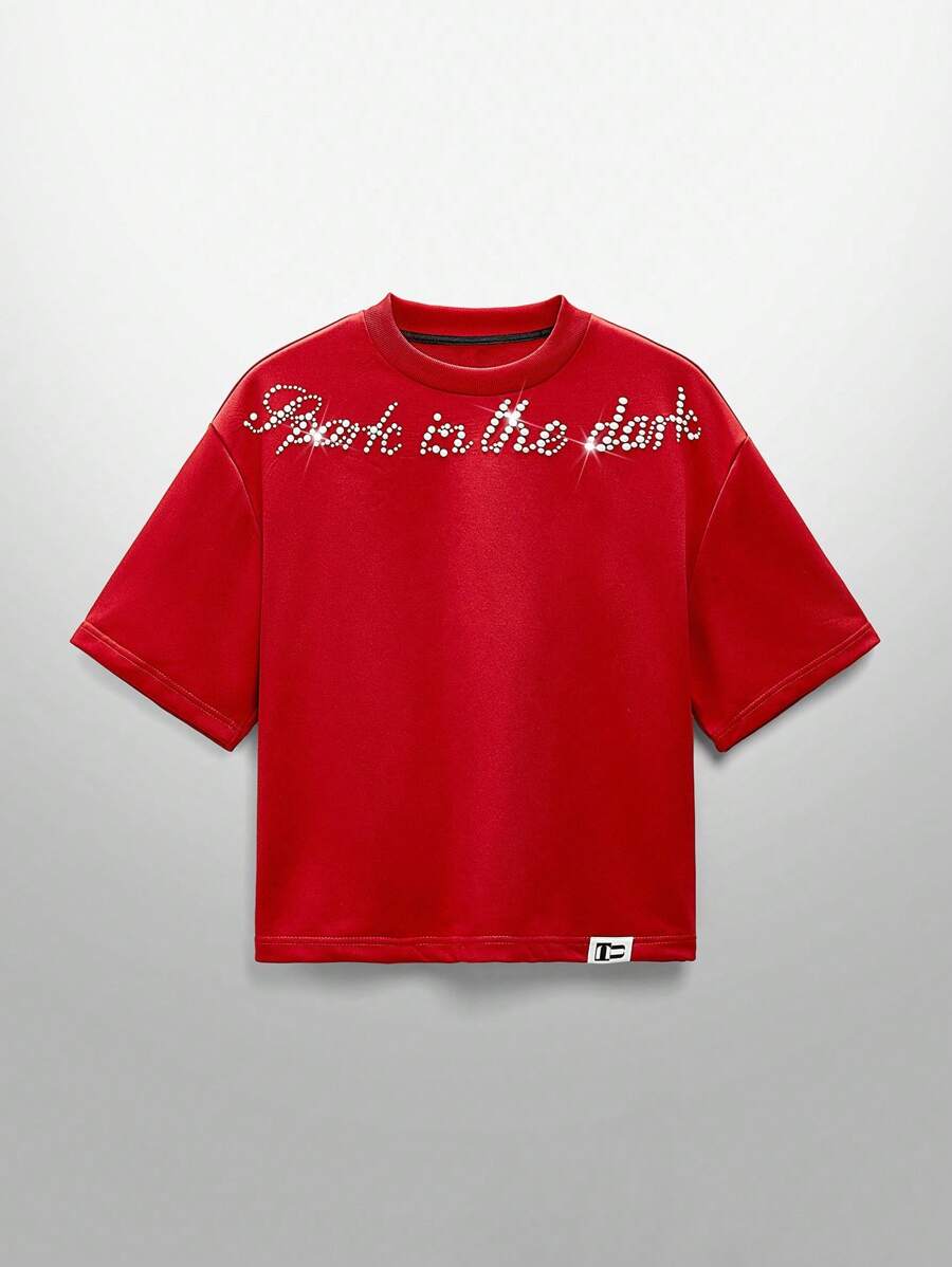 NEON BLANC Men's Streetwear Style Knitted Round Neck Half Sleeve Rhinestone Letter Printed T-Shirt, Suitable For Summer - Burgundy - View 1