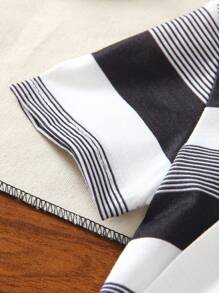 3 件套幼儿男童简约条纹印花 T 恤 + 休闲雾蓝色开衫搭配雾蓝色松紧腰裤，轻松穿着舒适柔软面料，适合夏季 - 黑與白 - 查看 3