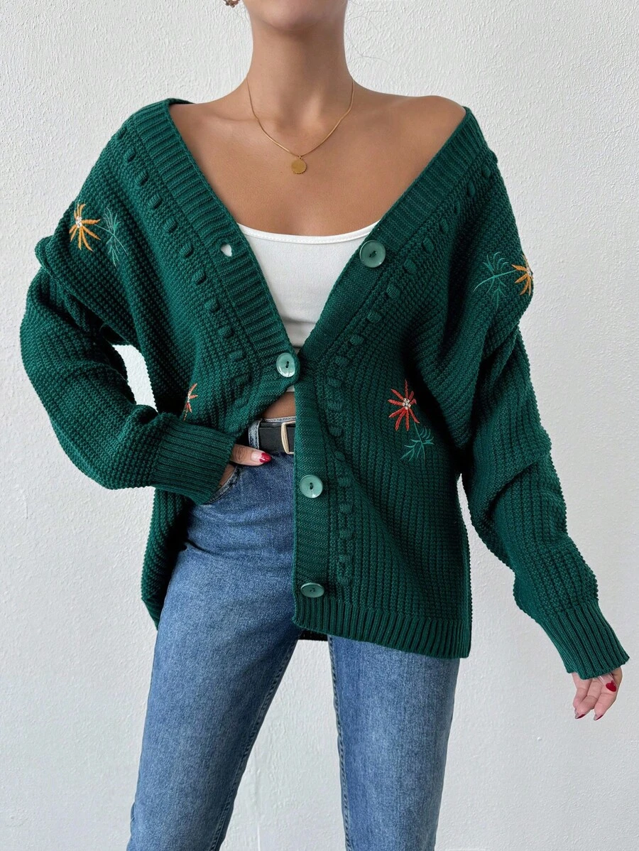 EURMUSE Women Embroidery Decor Simple Daily Wear Long Sleeve Knit Cardigan - Green - View 1