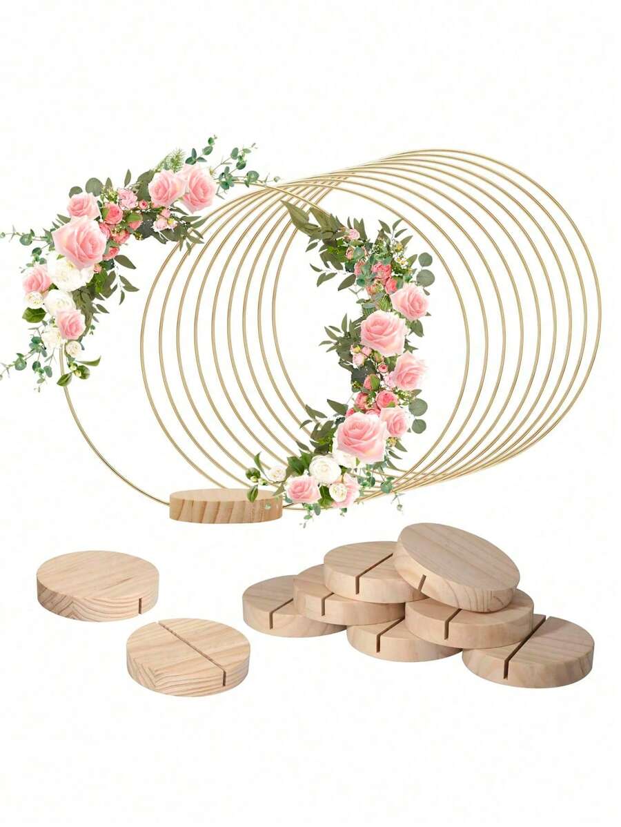 SHEIN 10 szt./2 szt. - Złote metalowe girlandy na środku stołu z drewnianym stojakiem - Eleganckie dekoracje w kształcie koła DIY na wesela, imprezy i urodziny - Ręcznie robione sztuczne róże i zieleń, nie wymaga zasilania, dekoracje urodzinowe | Dekoracyjne ozdoby na środku stołu | Ręcznie robiony projekt, dekoracje ślubne