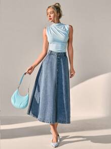 CLARA VERO Women High Waist Single-Breasted Pocket Casual A-Line Denim Skirt - Medium Wash - View 6