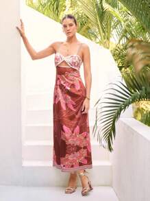 Sunsella Robe longue à imprimé, bretelles, avec nœud et découpe, ajustée, pour l'été, tenue de vacances et de sortie pour femmes
