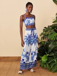 Travachic Woven Printed Cropped Tank Top & Loose Long Shacket & High Waist Wide Leg Pants - Blue and White - View 4