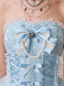 ROMWE Kawaii 女士复洛克风格浪漫珍珠蝴蝶结系带紧身胸衣上衣