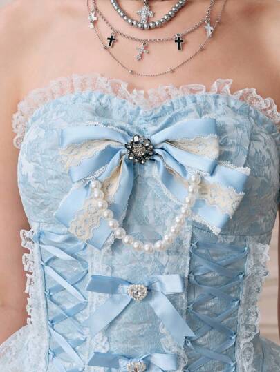 Kawaii Top buste style baroque romantique vintage pour femmes avec nœud de ruban et perle