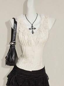 SHEIN ICON Y2k Women's Western Country Concert Boho Hippie Beige Goth Open Front Sleeveless Lace Trim Top, Y2k Tops - Beige - View 4