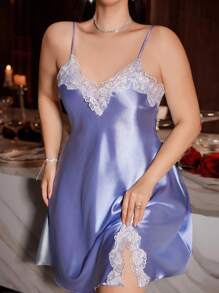 SilkySpell Plus Size Contrast Color Ruffle Hem Split Hem Sexy Faux Silk Camisole Short Nightgown Satin Nightgown Lace Nightgown Silk Nightgown Satin Slip Dress Blue Lingerie Dress