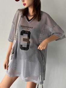 DAZY Camiseta deportiva de manga corta holgada con estampado de números para mujer