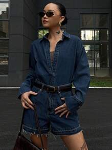 DAZY 2 件套休闲牛仔衬衫和短裤套装，秋季女装 - 深色水洗藍 - 查看 5