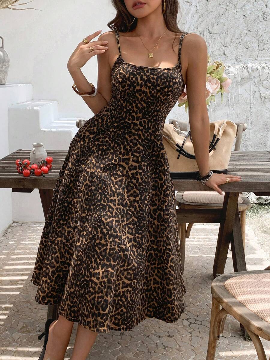 DAZY Women's Summer A-Line Denim Strap Dress With Leopard Print