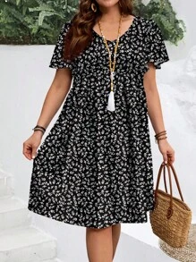 EMERY ROSE Plus Size Women's Summer Ditsy Floral Ruffle Sleeve Holiday Dress Suitable For Going Out - Multicolor - View 1