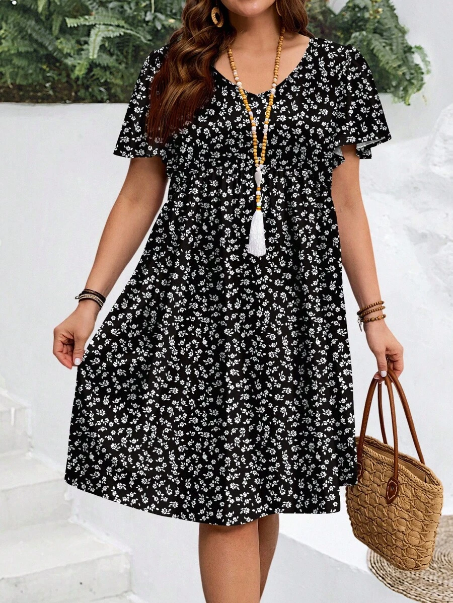 EMERY ROSE Plus Size Women's Summer Ditsy Floral Ruffle Sleeve Holiday Dress Suitable For Going Out - Multicolor - View 1