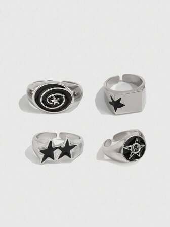 Goth 4pcs/Set Punk Style Spiral Star Rings, Adjustable Ring Set For Couples