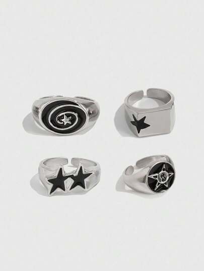 Goth 4 قطعة/مجموعة خاتم نجمي حلزوني بطراز بانك، طقم أقراط قابلة للتعديل للأزواج