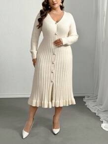 Firerie Plus Size Women Apricot V-Neck Ruffled Hem Knitted Dress, New Autumn/Winter Style