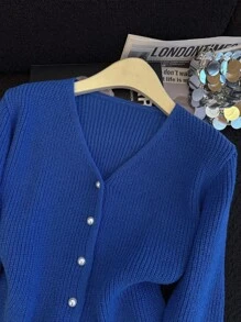 GlowEve Women's Solid Color Long Sleeve Single-Breasted V-Neck Casual Cardigan Fall Winter Cloth For Women - Royal Blue - View 5