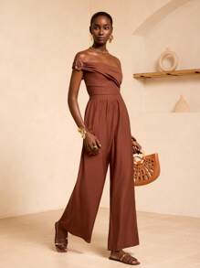 Zivah 20  Summer New Style Birthday Party Daily Outing Basic And Versatile Leisure Vacation Internet Celebrity Hot Style Street Style Elegant Commuter Business Casual One Shoulder Off Shoulder Gathered Waist Wide Leg Trousers Brown Bamboo Texture Fabric Summer Jumpsuit Women's Jumpsuit One Shoulder Jumpsuit Elegant Jumpsuit Brown Jumpsuit - Brown - View 7