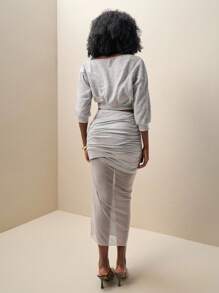 Zolique Women Casual Solid Color Oblique Shoulder Top And Bodycon Skirt 2 Pieces Set - Grey - View 9
