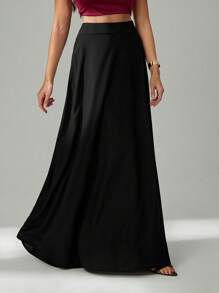 SHEIN Tall Women's Solid Color With Slanted Pockets Practical Elegant Simple Commuting Office A-Line Umbrella Skirt - Black - View 6