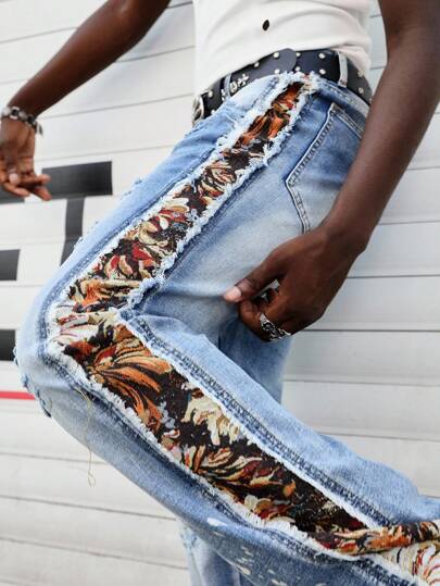 Street Life Jeans en denim vintage à patchwork jacquard pour homme