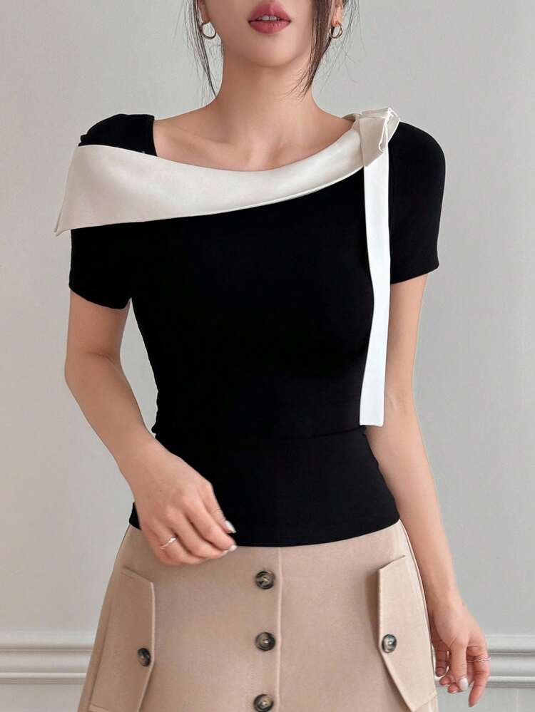 Women's Color Block Strap Asymmetrical Neck Fitted Short Sleeve Sexy Elegant T-Shirt, Summer