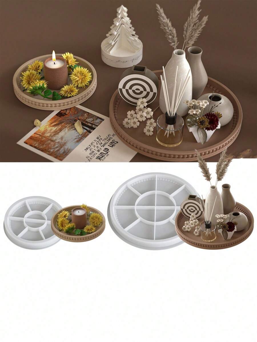 托盘模具硅胶模具适用于珠宝碗、盆、石膏、混凝土、DIY工艺品 - 树脂艺术混合形状模具套件、圆形泡泡珠托盘储物盒、环氧树脂模具、DIY香薰石膏板、硅胶模具 - 白色 - 查看 1