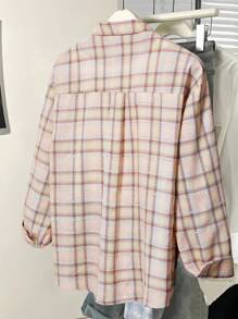 Franclia Women's Casual Everyday Plaid Front Button Long Sleeve Shirt - Pink - View 2