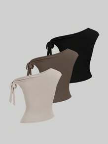 Sweetra Bộ 3 Áo thun nữ màu trơn thắt nút vai thường ngày - Nhiều màu - Xem 2