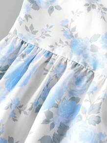 SHEIN Vestido casual de manga corta con cuello cuadrado y estampado floral disperso para niña preadolescente