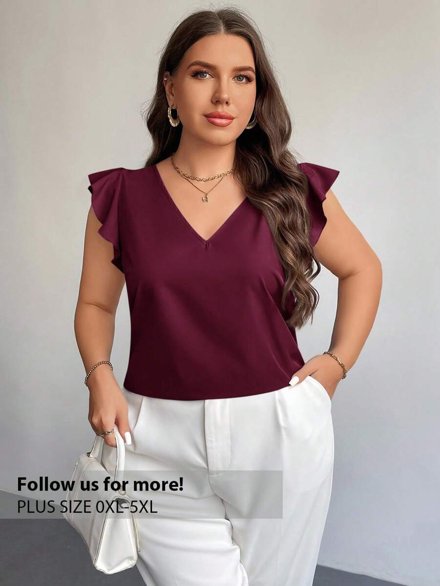 Firerie 大码优雅通勤女式 V 领花卉荷叶边短袖红色节日休闲衬衫，夏季教师衬衫 - 酒紅色 - 查看 1