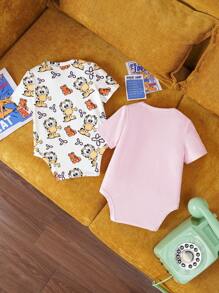 GARFIELD | SHEIN Set de 2 bodys de manga corta con botones y estampado de dibujos animados para bebé niña en verano - Rosa - Ver 2