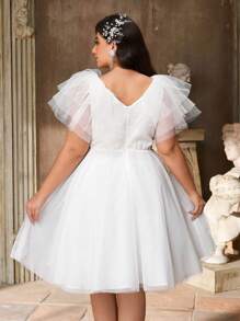 Aureia 加大码夏季优雅浪漫华丽白色网眼刺绣拼接网眼甜心领口不对称荷叶边袖子奢华贴花设计蓬松连衣裙适合晚餐单身派对约会生日节日婚礼活动新娘送礼会礼服全白派对服装女士约会夜服装女士 - 白色 - 查看 5