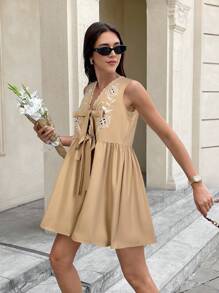 Serisse Women's Summer Casual Hollow Embroidery Mini Dress Brown - Khaki - View 4