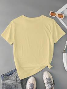 SHEIN Summer Casual Beaded Decor Round Neck Short Sleeve T-Shirt - Yellow - View 2