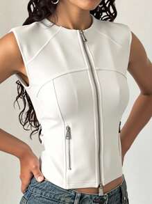 DAZY 女式半高领修身短款上衣金属拉链撞色无袖夏季复古 T 恤 - 白色 - 查看 2