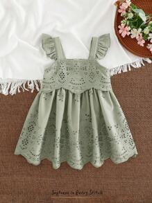 Cozy Pixies Baby Girl Ruffled Strap Waist Dress Sage Green Baby Dress Green Baby Girl Dress Olive Green Baby Dress Baby Girl Eyelet Dress Baby Girl Lace Dress - Green - View 4