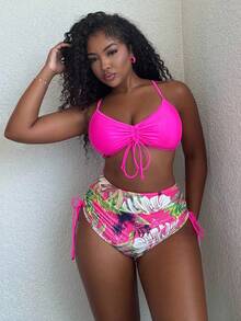 Alexandranx Summer Beach Tropical Print Bikini Set Drawstring Cami Bra & Boxer Shorts 2 Piece Bathing Suit - Hot Pink - View 5