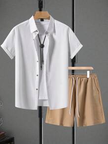 Manfinity RSRT 男士简约休闲假日短袖衬衫套装 - 白色 - 查看 3