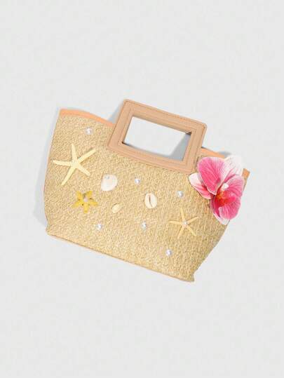 Fairycore 1pc Tropical Beach Vacation Style Orchid Decor Ladies Handbag, Outdoor Holiday Accessory Straw Woven Bag