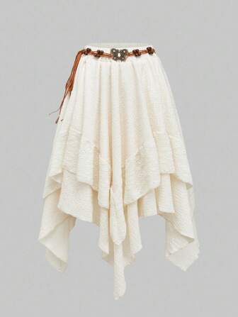 EDITION Falda midi bohemia asimétrica con cinturón, en estilo de vacaciones de verano boho con diseño de parches en color albaricoque