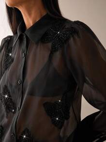 Lilora Sequin Embroidery Sheer Long Sleeve Blouse,Black Summer Elegant Night Out See-Through Shirt,Urban Hand-Cranked Butterfly Leisure Top - Black - View 5
