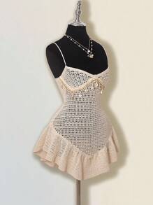 SHEIN ICON 女式夏季镂空钩针贝壳装饰荷叶边下摆吊带裙