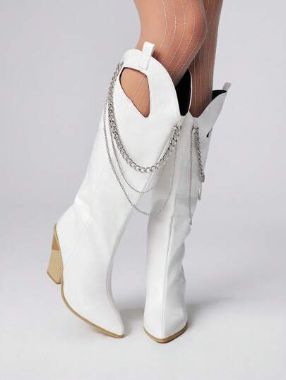 Grunge Punk White Crocodile Embossed Chain Decor Mid-Calf Boots, Women's Chunky Heel Hollow-Out Punk Style Fashion Tall Boots,