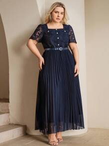 Anewsta Robe de vacances pour femmes grandes tailles élégante, avec patchs en dentelle, manches courtes évasées, plissée en forme A. Printemps/Été - Bleu marine - Voir 7
