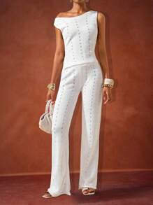 Zivah Nuevo conjunto de 2 piezas de estilo vacacional: top de punto cropped sin mangas con diseño calado y pantalones de pierna ancha de cintura alta en unicolor, estilizante, atuendo todo blanco para fiestas en otoño/invierno - Blanco - Ver 1