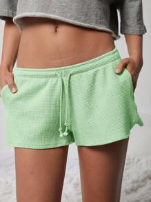WESTFADE Cute Mid Rise Tie Front Textured Knit Lounge Shorts - Green - View 4