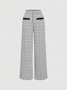 SHEIN MOD Women's Plaid Button Design Wide Leg Loose Elegant Pants - Black and White - View 1