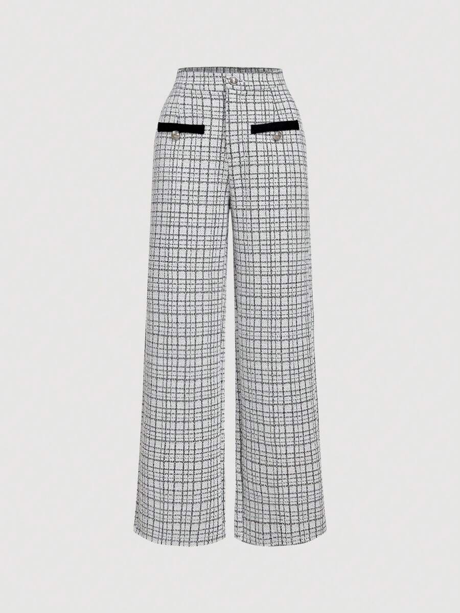 SHEIN MOD Women's Plaid Button Design Wide Leg Loose Elegant Pants - Black and White - View 1