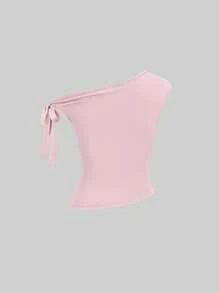 Sweetra 3件套女士休闲纯色斜肩舒适T恤套装 - 彩色 - 查看 3